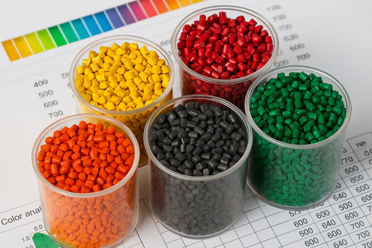 Five clear jars of colorful plastic masterbatch pellets on a color analysis data sheet.