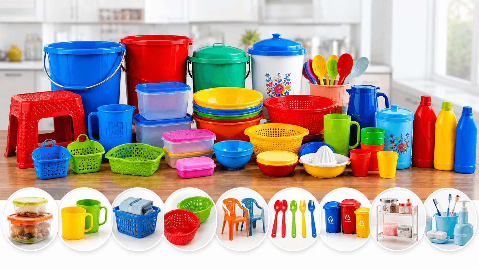 Vibrant plastic household essentials including buckets, containers, and baskets displayed on a wooden surface.