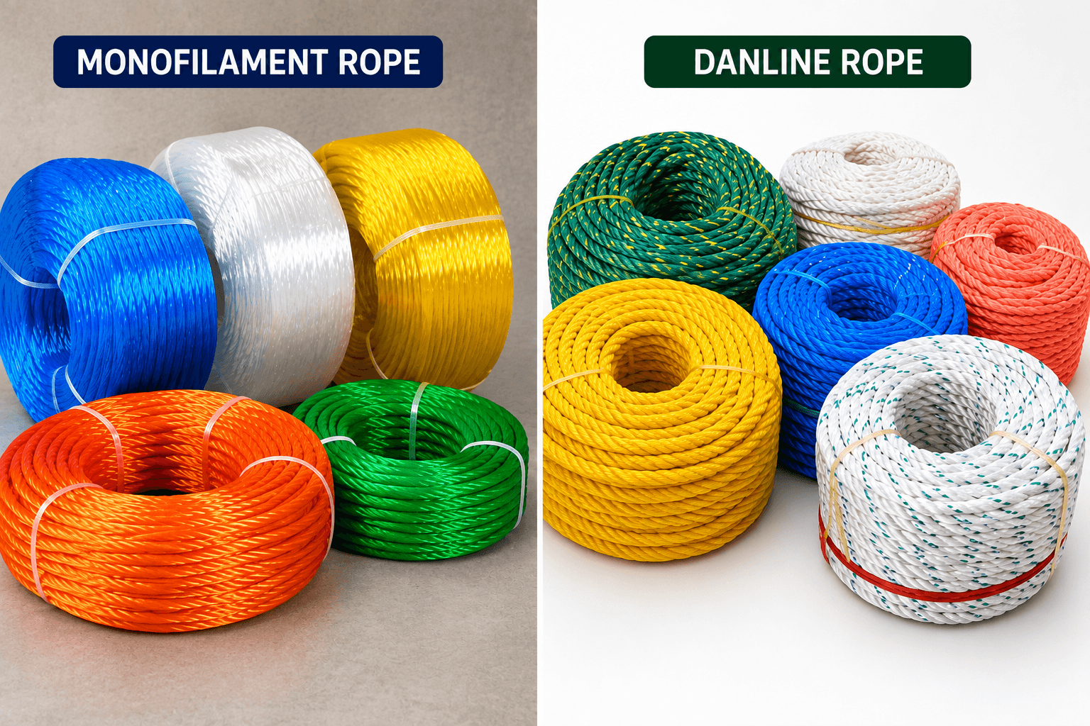 Comparison of smooth monofilament rope and textured danline rope coils in multiple vibrant colors.