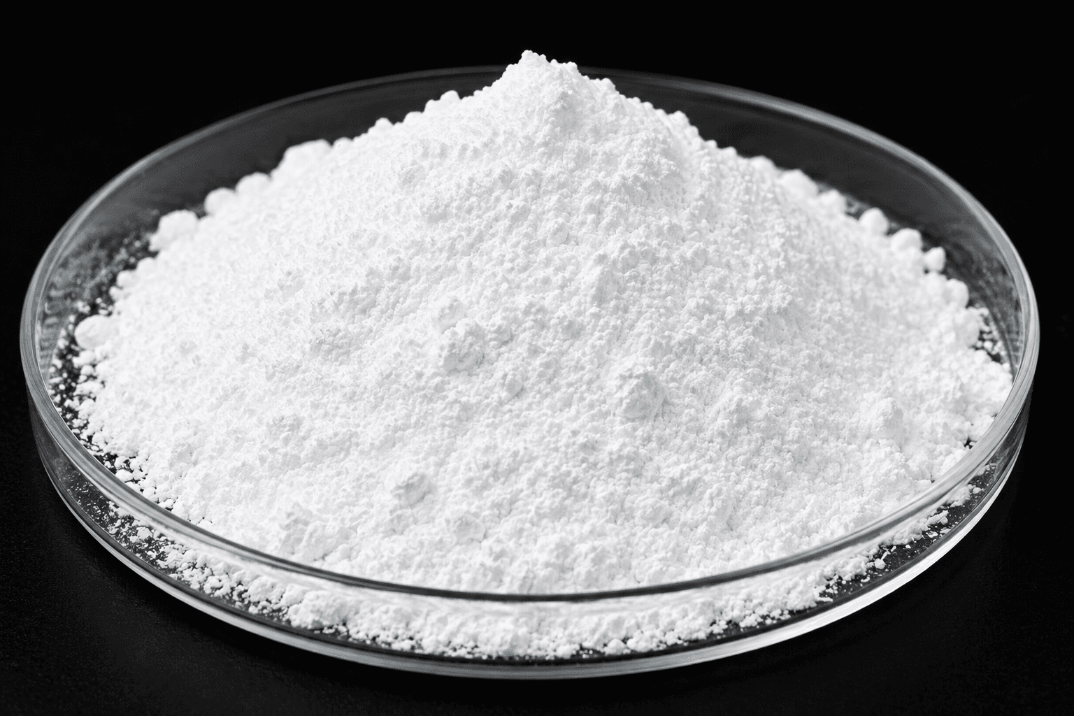 Fine white powder piled in a clear glass petri dish against a solid black background.