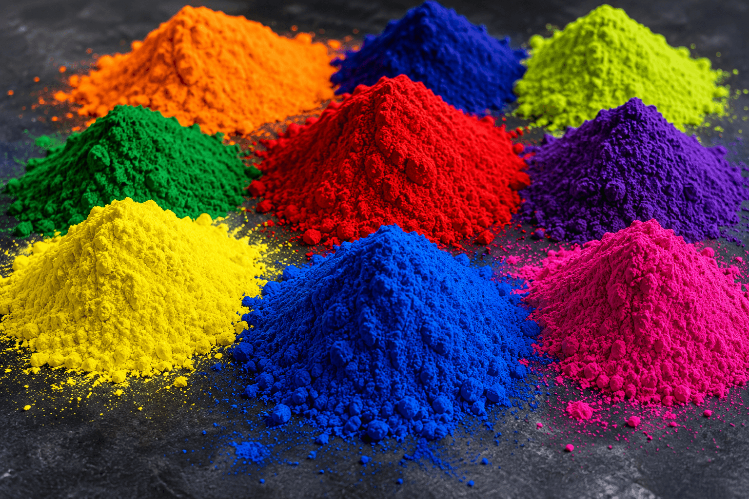 Multiple small piles of brightly colored pigment powders arranged on a dark, textured background.
