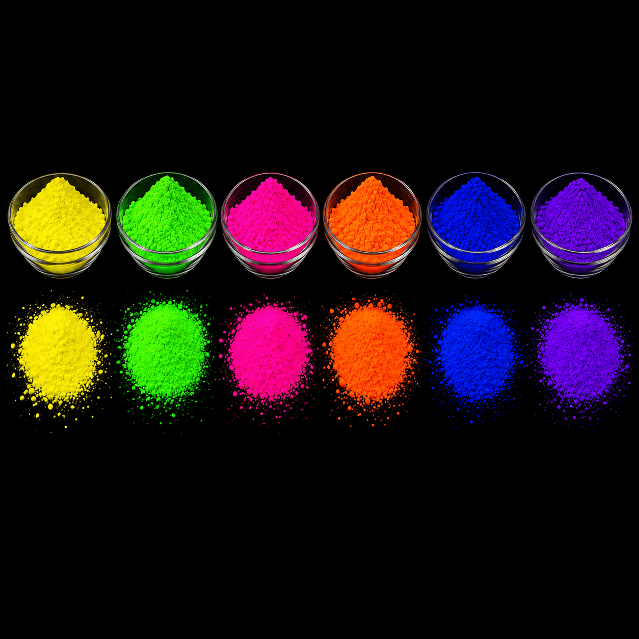 Six glass bowls and matching piles of vibrant neon powders on a black background.