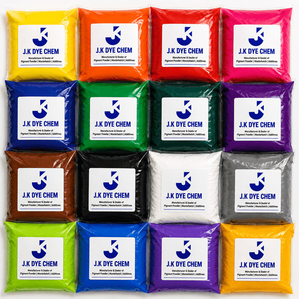 Sixteen bags of vibrant colored pigment powders in a grid from J.K DYE CHEM.