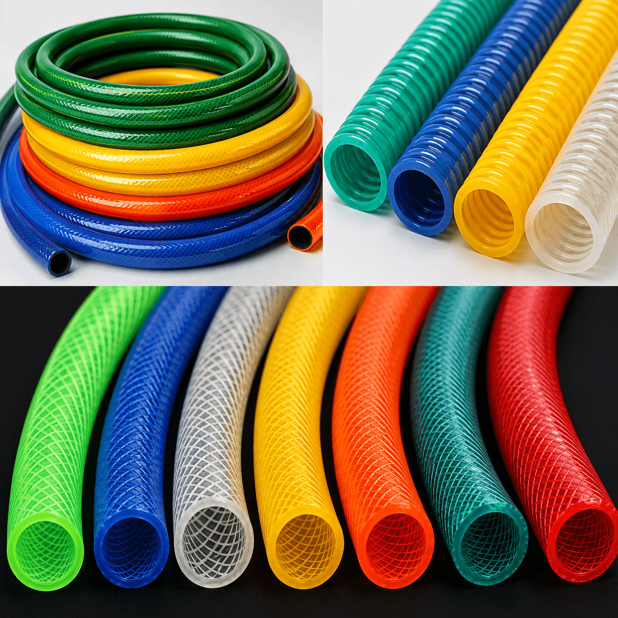 A collection of vibrant, flexible hoses in coiled, corrugated, and reinforced styles and colors.