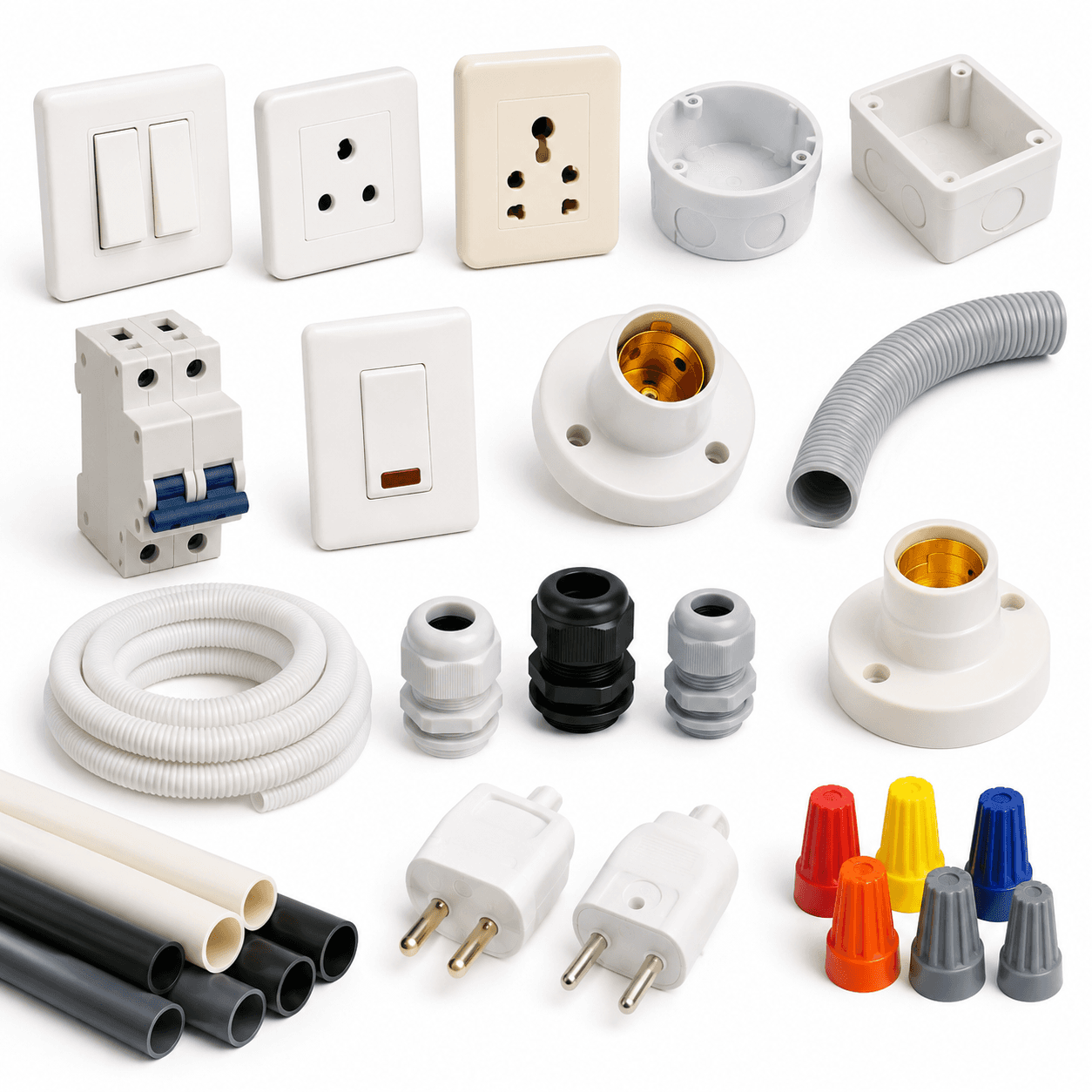 Assorted electrical components including switches, sockets, circuit breakers, conduits, plugs, and colorful wire connectors.