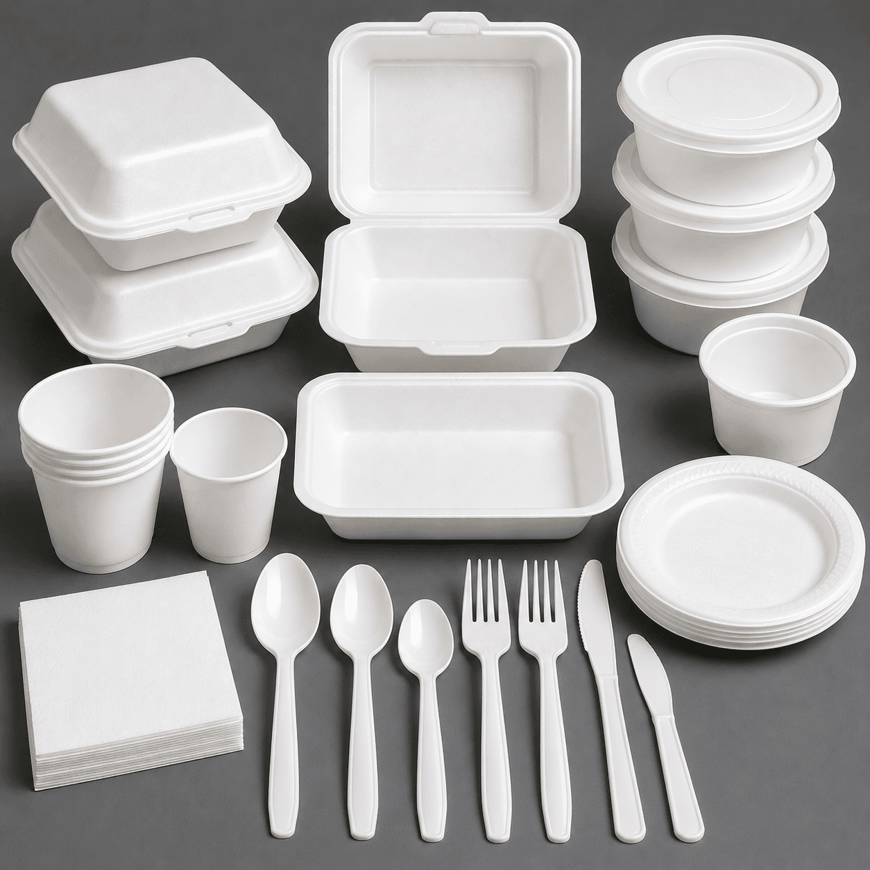 Assorted white disposable food containers, plates, cups, napkins, and plastic cutlery on gray background.