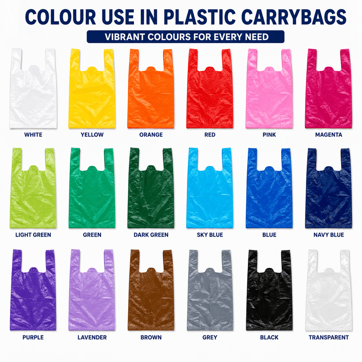 Eighteen colorful plastic carry bags in a grid, each labeled with its specific color name.