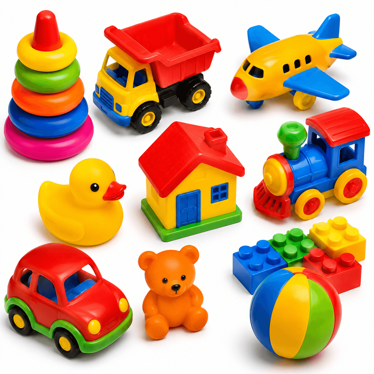 Colorful plastic toys including a truck, airplane, train, car, house, duck, and building blocks.