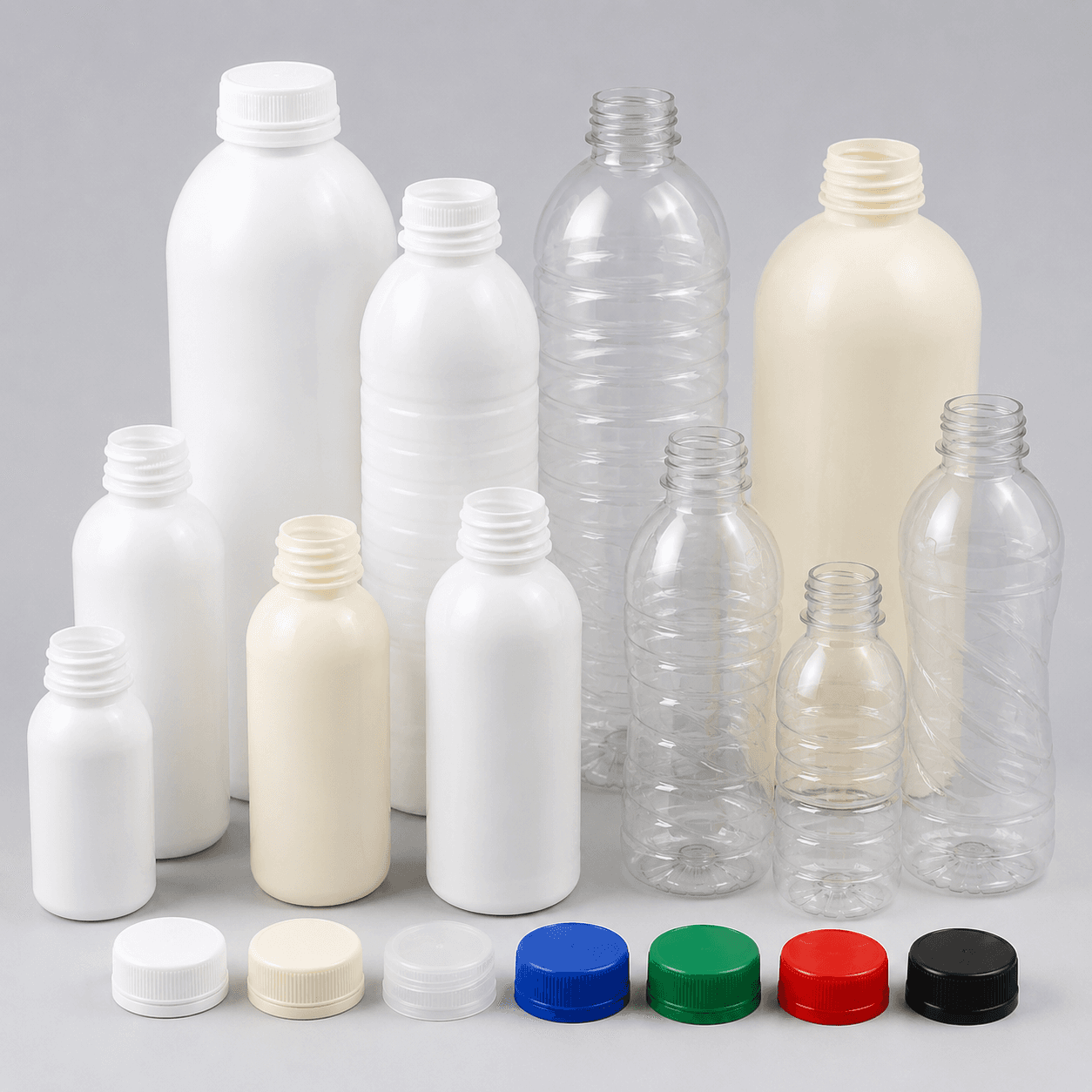 Assorted plastic bottles in white, cream, and clear with a row of colorful caps.