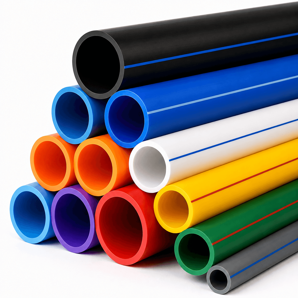 Colorful industrial plastic pipes stacked in a pyramid shape against a plain white background.