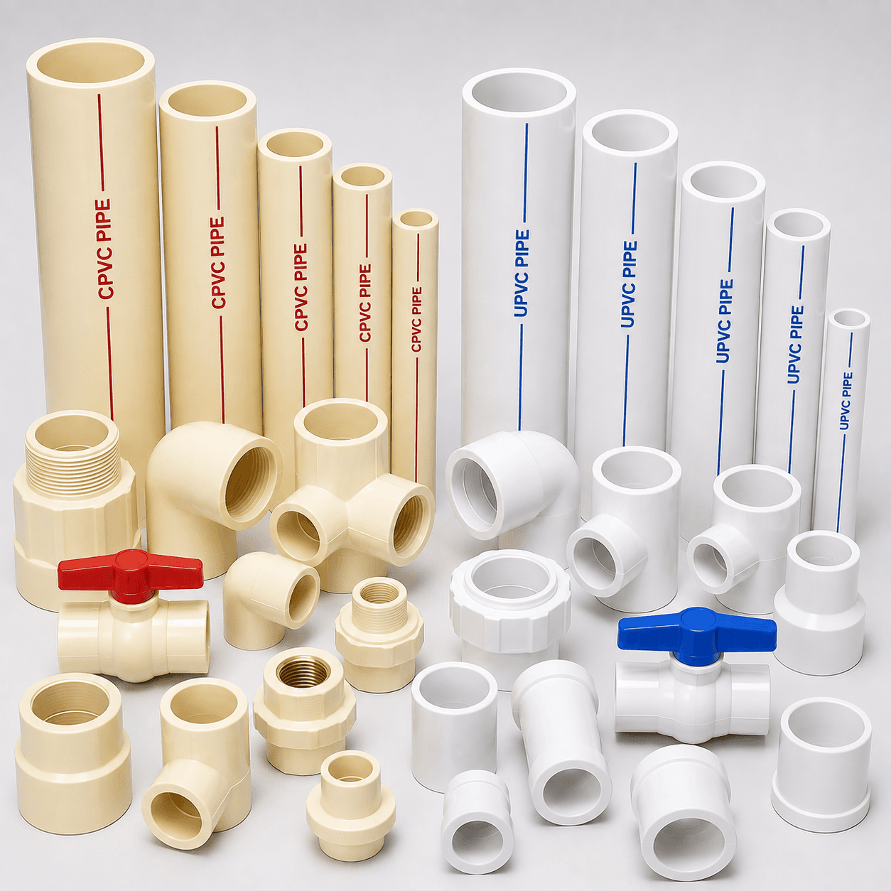 Cream CPVC and white UPVC pipes and fittings, including elbows, tees, and ball valves.
